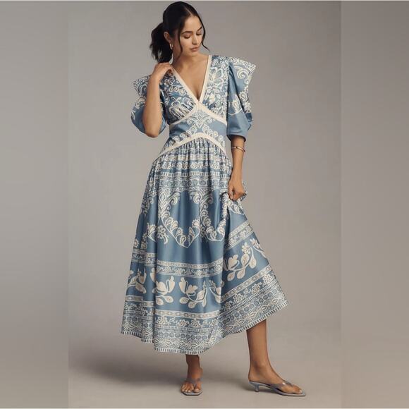 FARM RIO x Anthropologie V-Neck Puff Sleeve Dress Size M - Picture 1 of 8